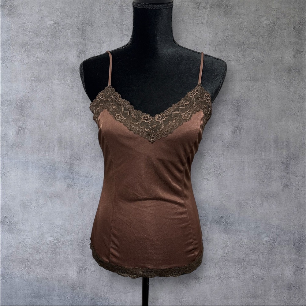 Victoria's Secret Lace Trim Satin Camisole Womens Medium Brown Adjustable Strap